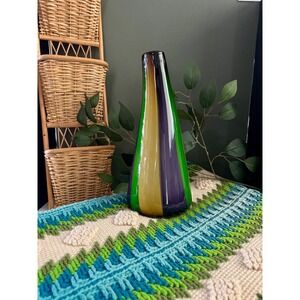 Vintage Spanish Art Glass Vase 13" Multicolor Green Amber Sculptural